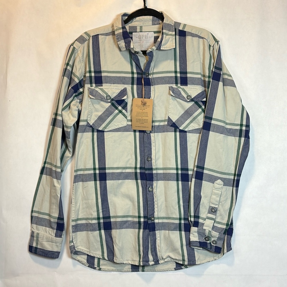 OPB Original Paperbacks Shirt Mens Medium White‎ Blue Button Up Plaid New